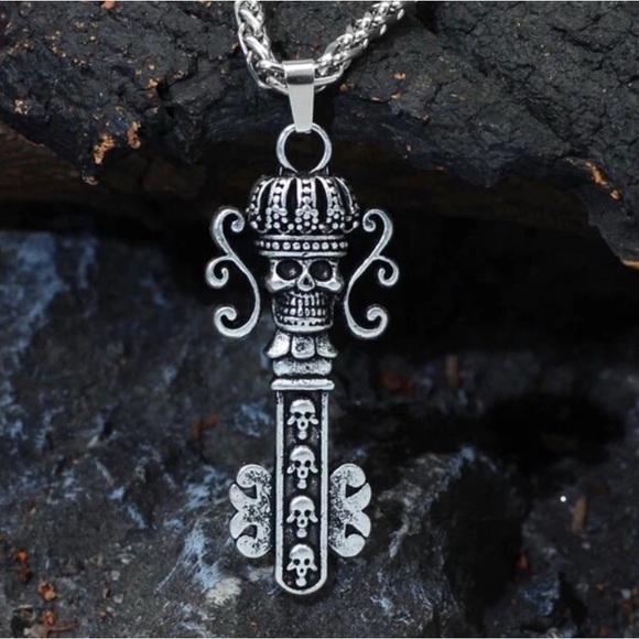 Other - “Skeleton Key” Fancy Embellished Goth Regal Antique Silver Ornate Edgy Necklace